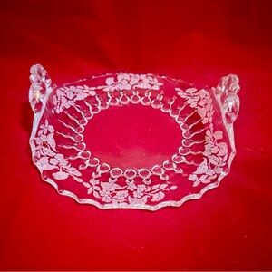 Vtg Glass Serving Plate Candy Dish 6.75 "  Handles Curved Upwards ETCHED Floral